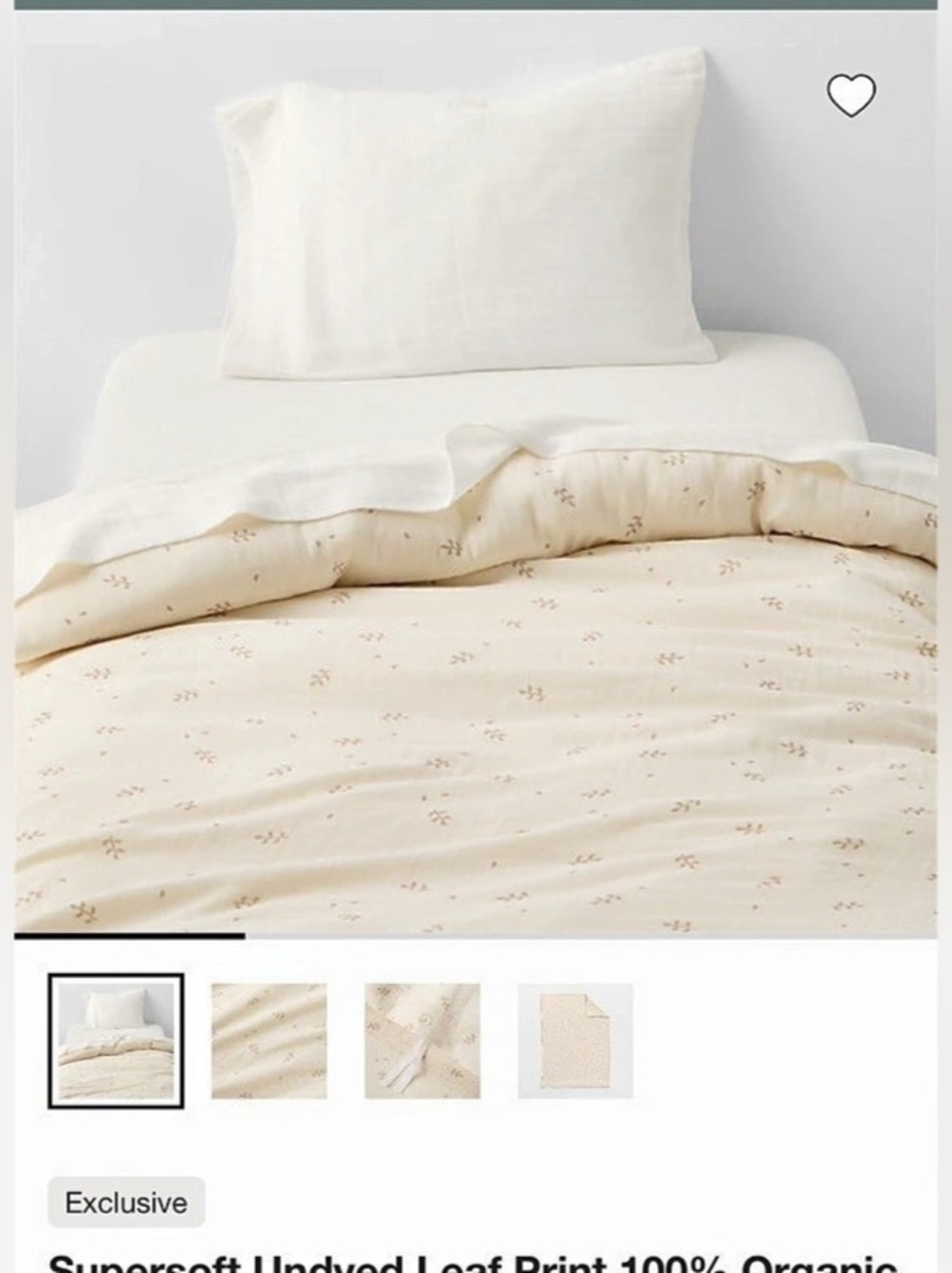 Super soft undyed leaf print 100% organic cotton toddler duvet cover